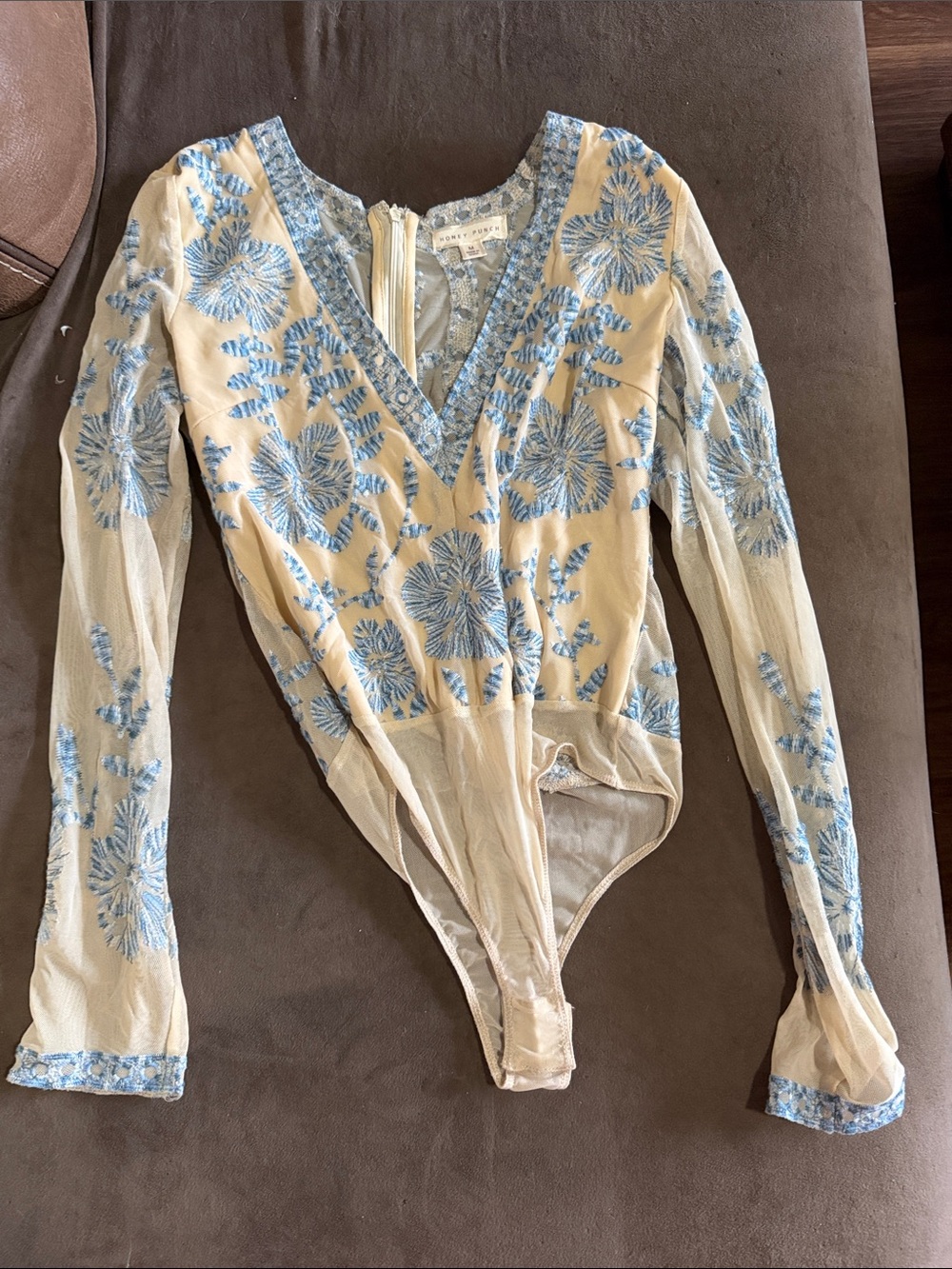 Honey Punch Cream Sheer Bodysuit with Blue Floral Embroidery